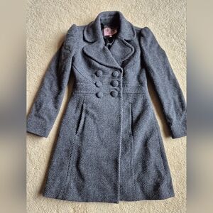 Vintage Juicy Couture Black/Gray Herringbone  Wool Double Breasted Coat Size P